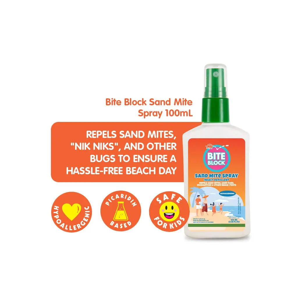 Bite Block Sand Mite Spray is an essential for a bite free beach day. Protect yourself from painful itching and permanent scarring from sand mites. Shop now.