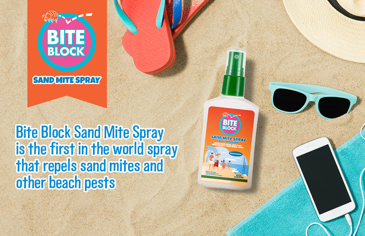 Bite Block Sand Mite Spray is the first in the world spray that repels sand mites and other beach pests. Have a bite-free beach day with Bite Block. 
