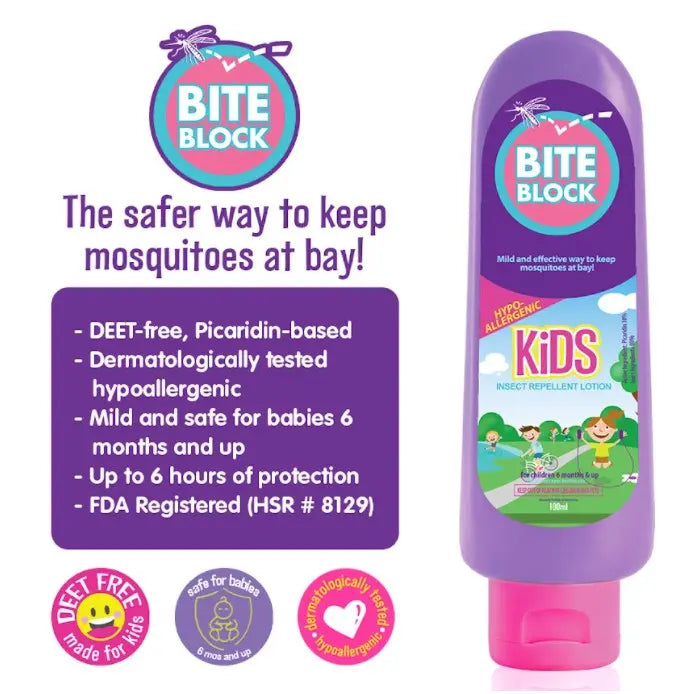 Get long lasting protection for your kids with an insect repellent that is hypoallergenic, non-toxic, and free of harsh chemicals. Shop Bite Block Kids 100ml.
